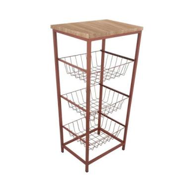 Imagem de Fruteira De Cozinha De Chão Montreal Em Aço E Mdf 3 Cestos Cobre e Jad