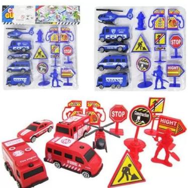 Imagem de Kit Policia Bombeiro com Carro Roda Livre e Acessorios 13 Pecas Colors