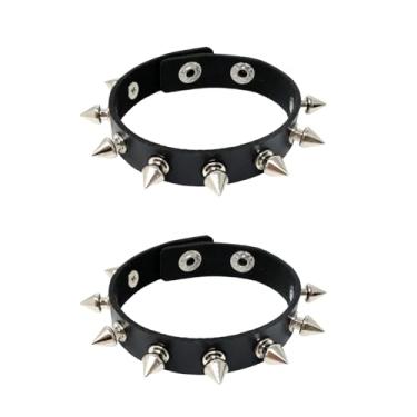 Imagem de Honbay 2 pulseiras de couro preto exagerado com rebite cravejado, pulseira gótica, punk rock, motociclista, pulseira de couro, pulseira, botão de pressão, pulseira de metal para homens e mulheres,