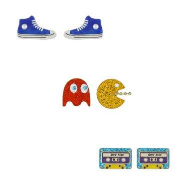 Imagem de Madison Tyler 3 pares de brincos anos 80 anos 90 para mulheres | Conjunto de brincos engraçados | Botas divertidas de CD flip telefone Pac-Man tênis fita Gachapon Game Machine Brincos troll, Zinco,