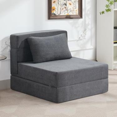 Imagem de WUTUTUEE Sofá-cama dobrável conversível sofá de chão cama cadeira dobrável com travesseiro, cadeira de dormir de linho, colchão dobrável de espuma viscoelástica para quarto/sala de estar/dormitório