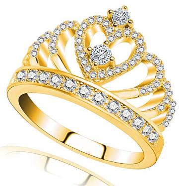 Imagem de Anéis femininos com coroa de princesa rainha eternidade em forma de coração joia de zircão, Banhado a ouro + zircônia cúbica, Zircônia cúbica