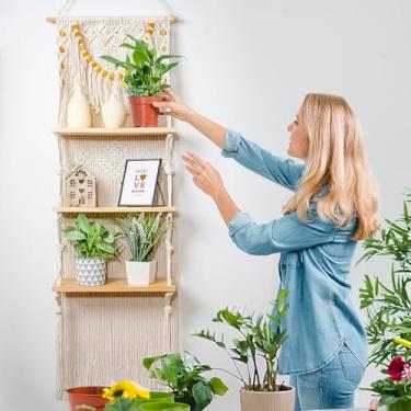 Imagem de jontell Prateleiras suspensas de macramê, prateleira de parede de madeira com corda tecida, organizador de armazenamento de prateleiras flutuantes rústicas