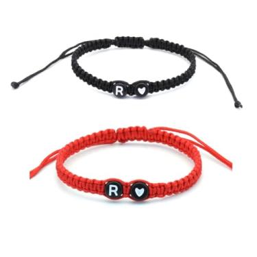 Imagem de Pulseiras de casal com inicial para mulheres e homens, pulseiras de coração trançadas feitas à mão, pulseiras com letras de melhor amigo para presente de 2 joias de aniversário, 0, Resina, Sem Pedra