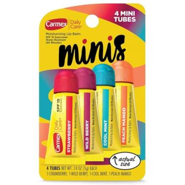 Imagem de Carmex Bálsamo labial hidratante Daily Care Minis com FPS 15, morango, menta fresca, frutas silvestres e pêssego, manga - 5 g cada, 4 unidades