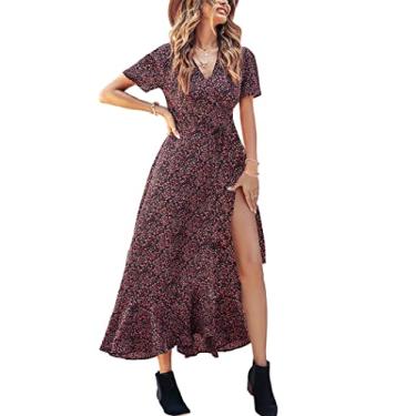 Imagem de PRETTYGARDEN Vestido maxi feminino de verão, casual, floral, decote em V, manga curta, bainha com babados, vestidos longos de praia, Preto, vermelho floral, P