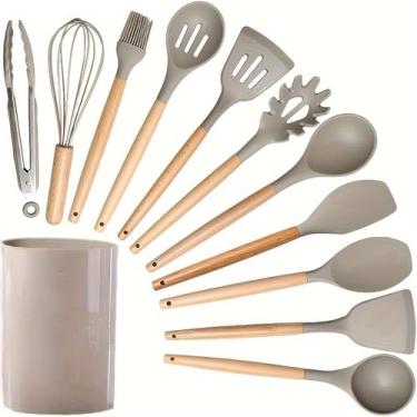 Imagem de HJZSZX Conjunto de utensílios de cozinha de silicone, balde redondo, 12 peças, espátula antiaderente, colher, utensílios de cozinha, cáqui, mais de cinco peças, conjunto