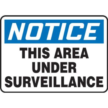 Imagem de Accuform Placa adesiva Dura-Vinil MADM803XV, legenda "Observe esta área sob vigilância", 25,4 cm de comprimento x 35,5 cm de largura x 0 cm de espessura, azul/preto em branco