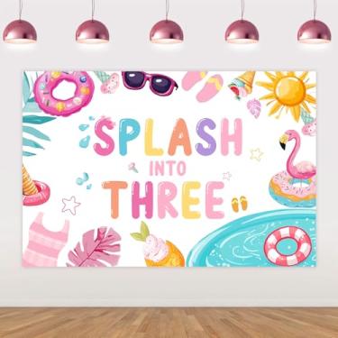Imagem de kreat4joy Decoração de festa de aniversário de 3 anos de piscina, faixa de fundo Splash into Three Decoration 15 × 3 m, adereços de fundo de piscina de verão para splish Splash Beach Aloha Tropical