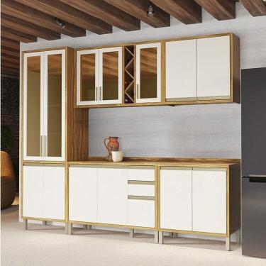 Imagem de Cozinha Modulada Completa 270cm 5 Peças 13 Portas com Tampo 100% MDF Barbados Espresso Móveis Amêndoa/Off White