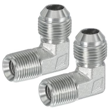 Imagem de PATIKIL Adaptador de tubo de 90 graus, 2 peças macho 3/10.2 cm flare 37° JIC x 3/20.3 cm conector macho BSPT encaixe de cotovelo de aço carbono para ar fluido hidráulico combustível óleo de água,
