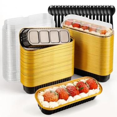 Imagem de FFNIU 120 peças de mini formas de pão com tampas, assadeiras de folha de alumínio, mini bolo retangular Pa, copos de brownie para festa de aniversário de casamento (preto dourado)