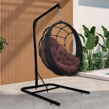 Imagem de Cadeira Balanço Ninho Suspenso Em Corda Náutica Luxo Com Suporte Preto-marrom