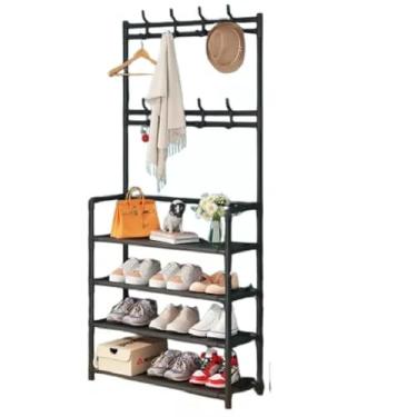 Imagem de Prateleira Organizadora e Cabideiro Multiuso para Calçados Chapéus com 5 Níveis para Hall de Entrada Estilosa 12 Pares de Sapato (Preto)