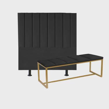 Imagem de Kit Cabeceira Carla e Calçadeira Industrial 140cm Casal Box Ferro Dourado Suede Preto - Ahz Móveis