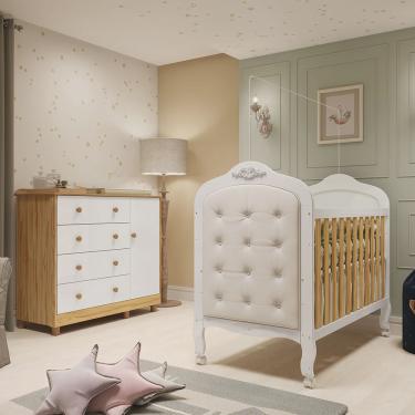Imagem de Quarto de Bebê com Cômoda 1 Porta 4 Gavetas e Berço Capitonê 100% Mdf Maya Clássico Espresso