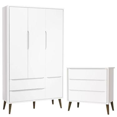 Imagem de Cômoda Infantil Gaveteiro e Guarda Roupa 3 Portas Theo Branco Acetinado com Pés Amadeirado – Reller