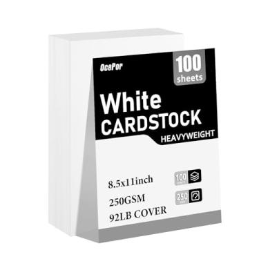 Imagem de 100 folhas de cartolina branca 8,5 x 11, 42 kg/250 g/m², papel grosso para impressora, cartolina pesada para convite, currículo, certificado, cartões de visita, escritório