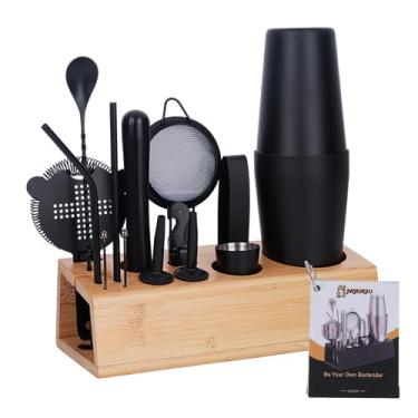 Imagem de JWJIUEJIU Conjunto De Coqueteleira, Kit Barman Boston Shaker Com 15 Peças, Acessórios Para Bar, Profissional Barman, Utensílios Bar Preto Livreto Receitas (Preto Fosco, Suporte Madeira)