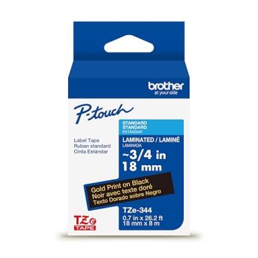Imagem de Brother Impressão genuína P-Touch TZe dourada em fita de etiqueta preta (TZe344), laminada, 18 mm x 8 m, para etiquetadoras P-Touch selecionadas, durável, resistente à água, uso interno/externo
