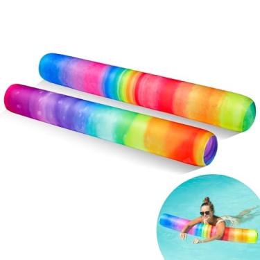 Imagem de FindUWill Macarrão inflável para piscina, pacote com 2 unidades de macarrão grande coberto de tecido macio para flutuar, boia de piscina adulto para piscina, lago, praia (arco-íris e colorido)
