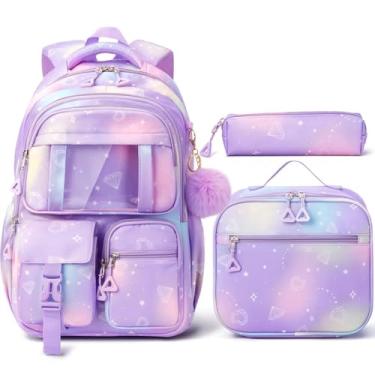 Imagem de Fimibuke Mochila infantil para meninas da escola, 3 peças de mochila impermeável para meninas com lancheira e bolsa de lápis - mochila escolar leve para estudantes do ensino fundamental e mé