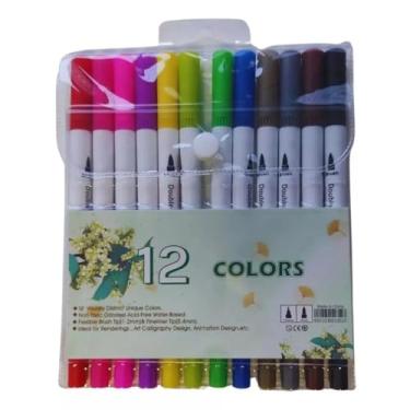 Imagem de Canetas Aquarela Ponta Dupla 12 Cores – Brush Pen + Ponta Fina 0.4mm | Marcadores Artísticos à Base de Água para Lettering, Desenho, Caligrafia e Colorir | Estojo Presenteável Multicolorido