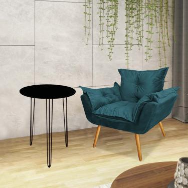 Imagem de Kit Poltrona Opala Com Mesa Roma Ferro Preto Tampo Redondo Preto Suede Azul Turquesa - Amey Decor