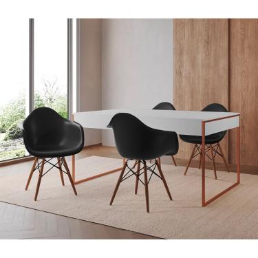 Imagem de Mesa Jantar Industrial Branca 137X90Cm Base Cobre Com 4 Poltronas Pretas Mad Cor: Branco