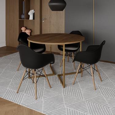 Imagem de Mesa Jantar Industrial Redonda 110Cm Amêndoa Base V Dourada Com 4 Poltronas Daw Madeira Marrom