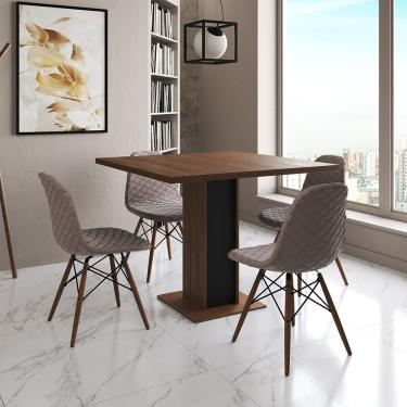 Imagem de Mesa Jantar Londres Quadrada Amêndoa 90Cm Base Preta 4 Cadeiras Eames Estofadas Nude Médio Madeira