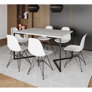 Imagem de Mesa Industrial Jantar Retangular 137X90Cm Branca Base V Com 6 Cadeiras Brancas Ferro P Branco