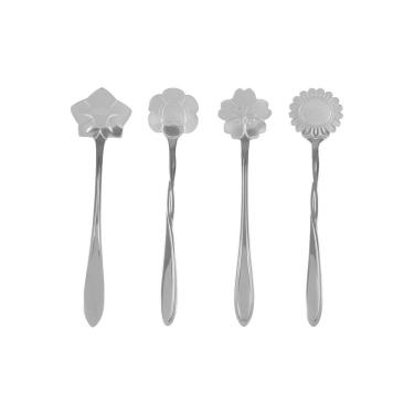 Imagem de Conjunto 4 Colheres Aço Inox Para Chá Flores Prateada