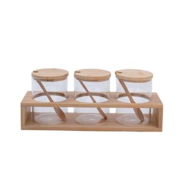 Imagem de Kit 3 Porta Temperos Vidro, Tampa Colher Suporte Bambu 300ml