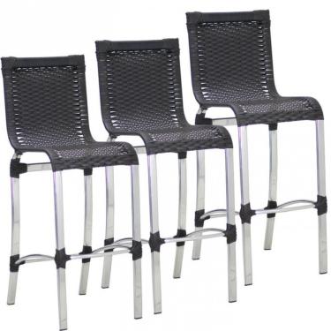 Imagem de Kit 3 Banquetas Alta Haiti Alumínio Assento Fibra Sintética Preto Trama Original