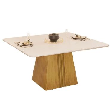 Imagem de Mesa De Sala Jantar Itália Com tampo Madeirado Vidro Curvo 136x136cm Cedro/off White Dj Móveis