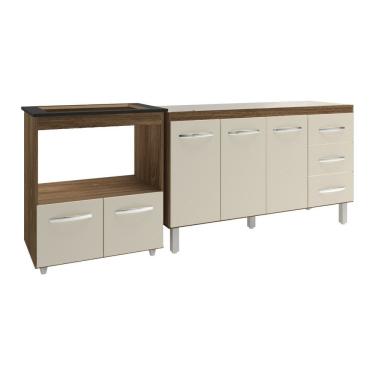 Imagem de Armário Balcão Gabinete De Pia 140cm Carine E Balcão Para Fogão Cooktop 5 Bocas E Forno Elétrico Evelyn Savana Off White