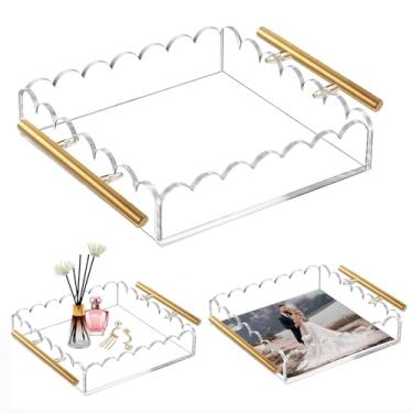Imagem de Bandeja recortada de acrílico com tapete magnético e alças de bronze, retangular transparente e inclui almofadas antiderrapantes (alças de 20 x 20 x 5 cm)