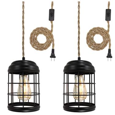 Imagem de Flashell Luminária Pendente Com Tomada, Luminárias Industriais Suspensas Fio De Cânhamo 16 Pés, Gaiola Rústica Ajustável Preta Para Cozinha Fazenda, Ilha, Sala Jantar, Café E Bar, Pacote 2