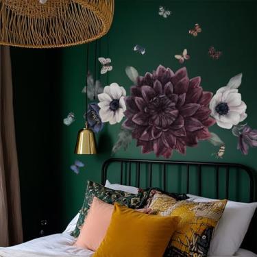 Imagem de Flortlias Adesivo de parede floral para descascar e colar, papel de parede autoadesivo de flores de peônia, adesivo rosa preta para decoração de parede de sala de estar, quarto, peônia éden