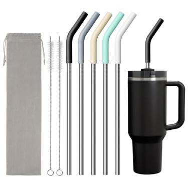 Imagem de Diumepo Canudo de metal para copo Stanley de 1,134 g, canudos reutilizáveis de aço inoxidável com ponta de silicone para copo simples e moderno, Meoky de 1,134 g, canudos extra longos de 30 cm, escova
