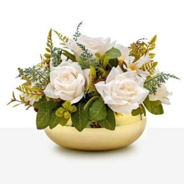 Imagem de Arranjo de Rosas Clássico Decoração Luxo Vaso Vidro Espelhado Dourado 