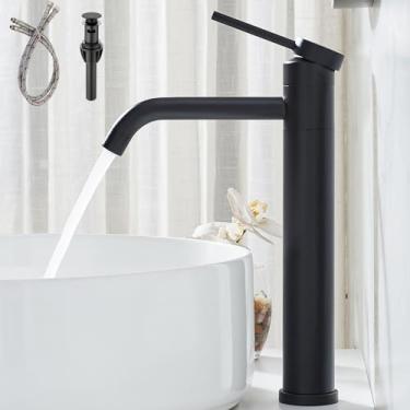 Imagem de Torneira para pia Hotis Vessel preta, 360 torneiras giratórias de vaso de banheiro para pia 1 furo, torneira de alça única de corpo alto para pia de banheiro, torneira de banheiro de aço inoxidável