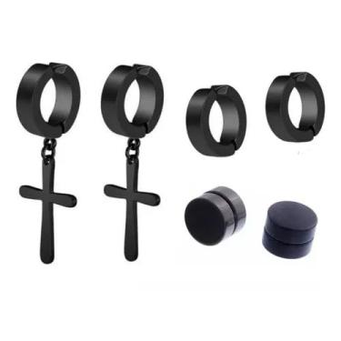 Imagem de Brinco Masculino Argola Cruz Pressão Kit Com 3 Pares Bts