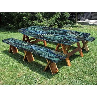 Imagem de Toalha de mesa ajustada com folhas de palmeira, conjunto de 3 peças, fundo de plantas de selva tropical, para uso ao ar livre/churrasco/acampamento, 81 x 182 cm