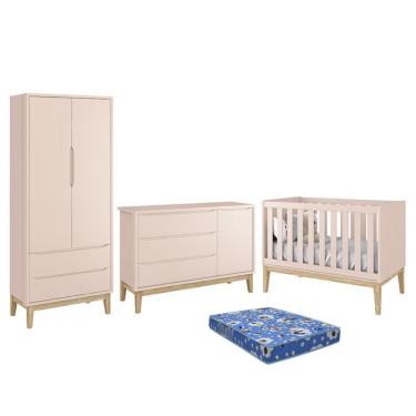 Imagem de Dormitório Infantil Classic 2 Portas, Cômoda 1 Porta, Berço com Pés Madeira Natural e Colchão - Reller Móveis Rosa Fosco