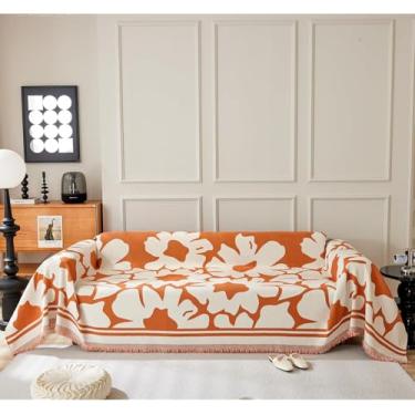Imagem de Mantas De Chenille Com Padrão Floral Nórdico Para Sofás Grandes, Mantas De Sofá Macias Capa De Sofá 5 Lugares Protetor De Sofá De Tamanho Sortido Decoração De, Orange, 180X130cm