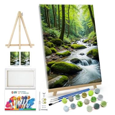 Imagem de JOOZ Kit de pintura por números para adultos com moldura de pintura de paisagem por número com cavalete floresta kits de pintura a óleo de árvore em tela emoldurada para presente decoração de parede