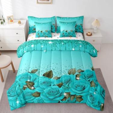 Imagem de Jogo de cama casal de 7 peças rosa azul-petróleo em uma bolsa, conjunto de lençol de arte fluida de cristal de diamante com edredom, conjunto de cama casal com flores de jardim romântico, boêmio,