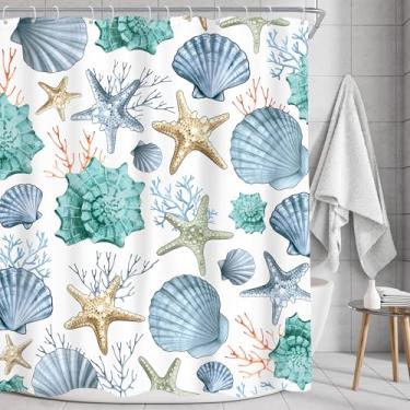 Imagem de AMBZEK Cortina de chuveiro oceano estrela do mar 152 cm L x 182 cm praia verão náutico azul-petróleo costeiro submarino tropical coral conchas arte tecido impermeável poliéster conjunto de decoração